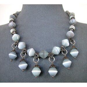 Necklace 14 " Gray Glass with Silver Tone Caps